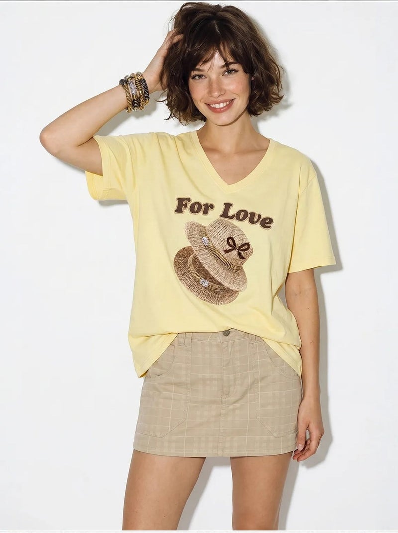 Oversized t-shirt met v-hals en print lucci Citroengeel - Kiabi