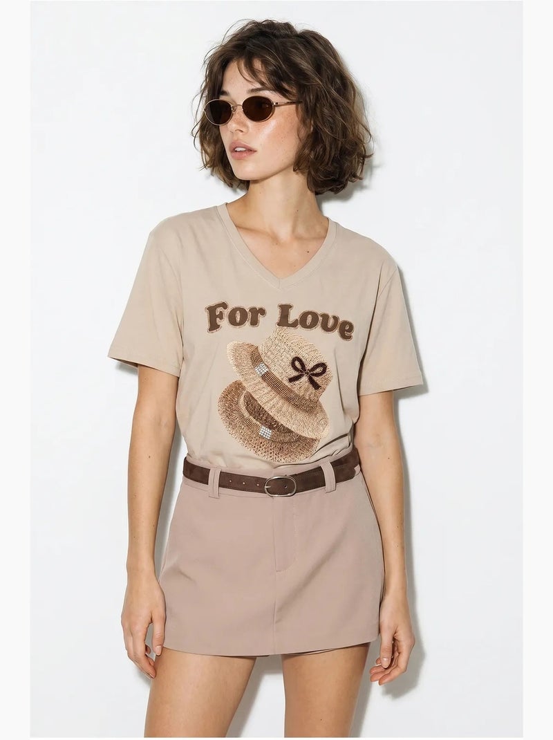 Oversized t-shirt met v-hals en print lucci Klei-beige - Kiabi