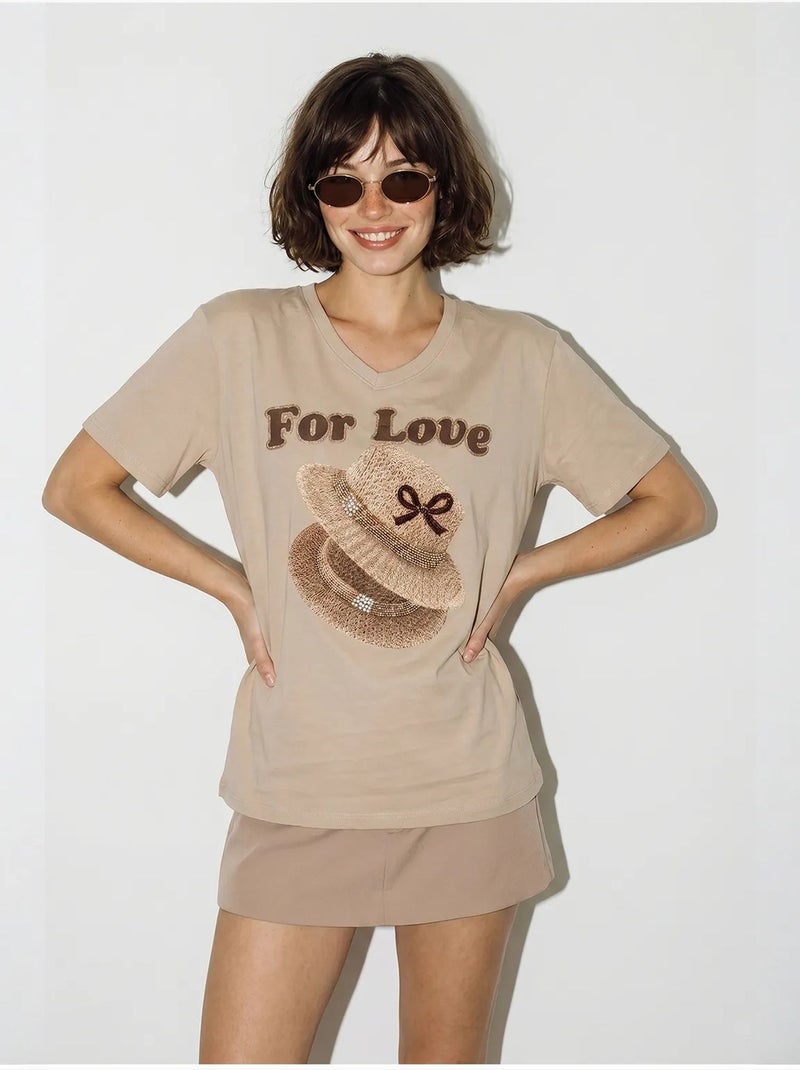 Oversized t-shirt met v-hals en print lucci Klei-beige - Kiabi