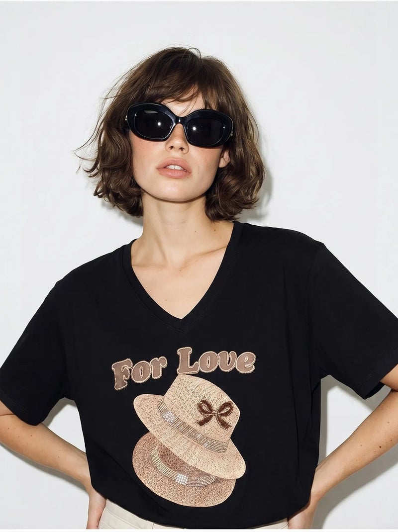 Oversized t-shirt met v-hals en print lucci Zwart - Kiabi