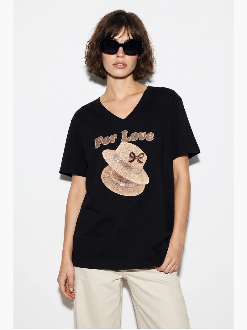 Oversized t-shirt met v-hals en print lucci Zwart - Kiabi