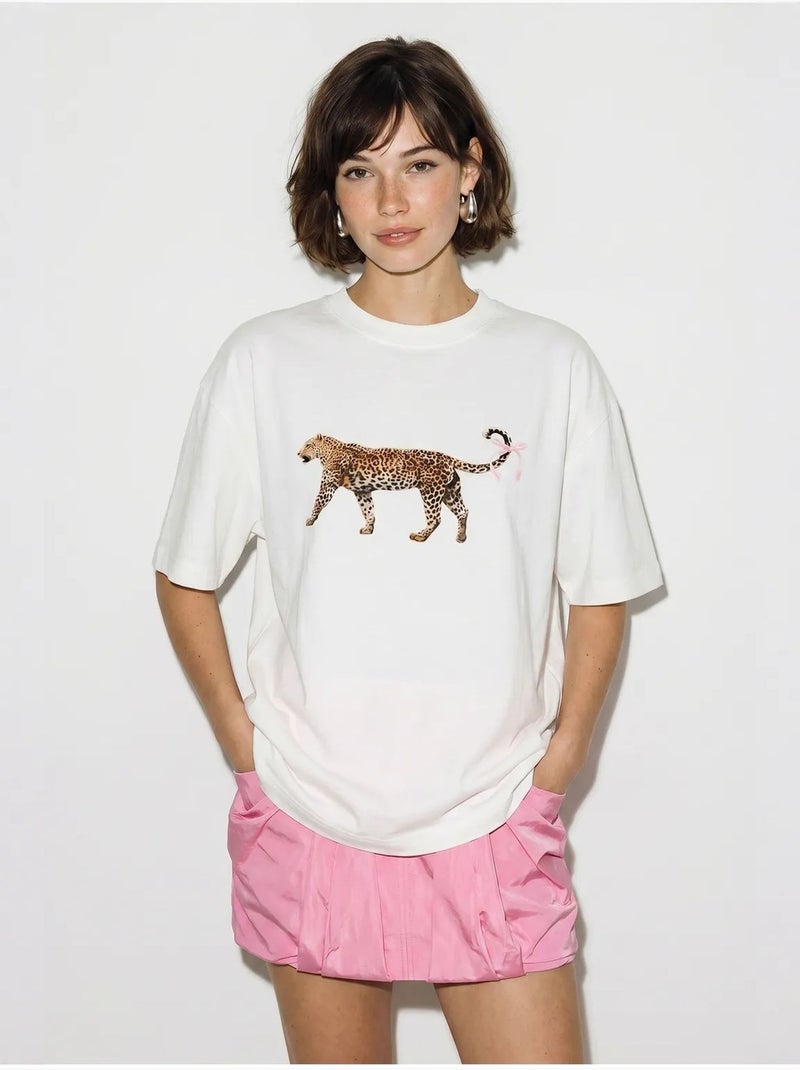 Oversized t-shirt van katoen met luipaardprint lucci Wit - Kiabi