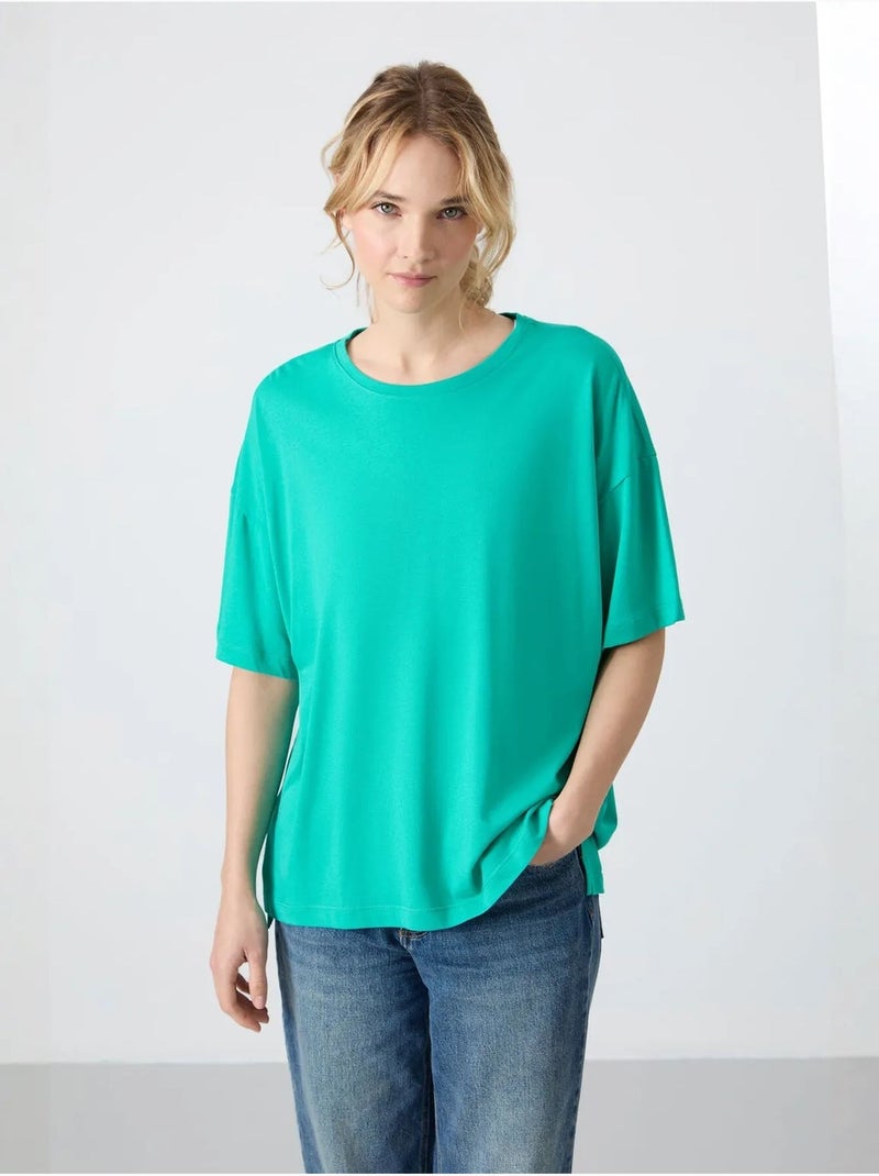 Oversized t-shirt van katoen-modal met ronde hals tommy Muntgroen - Kiabi