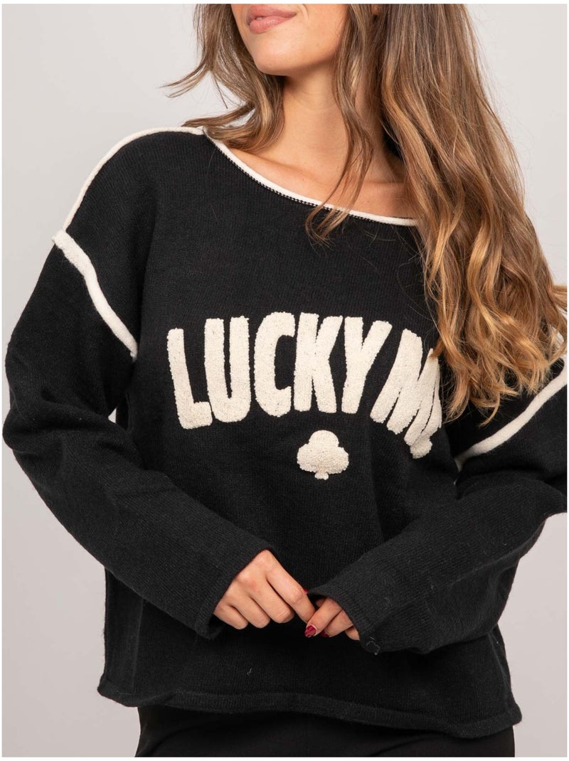 Oversized trui met geborduurde tekst "lucky me" kevisse Zwart - Kiabi
