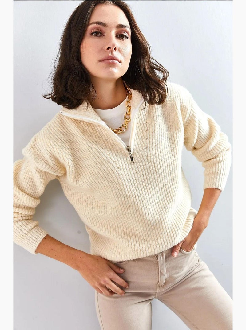 Oversized trui van getextureerd breisel met ritskraag lucci Klei-beige - Kiabi