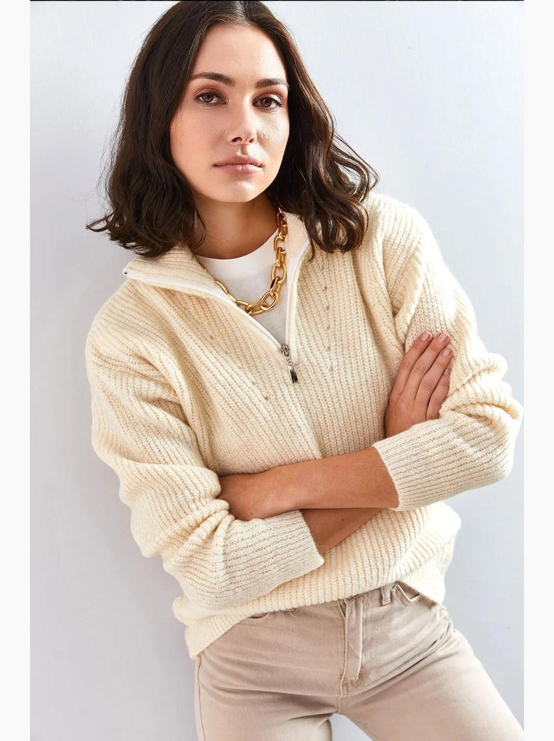 Oversized trui van getextureerd breisel met ritskraag lucci Klei-beige - Kiabi