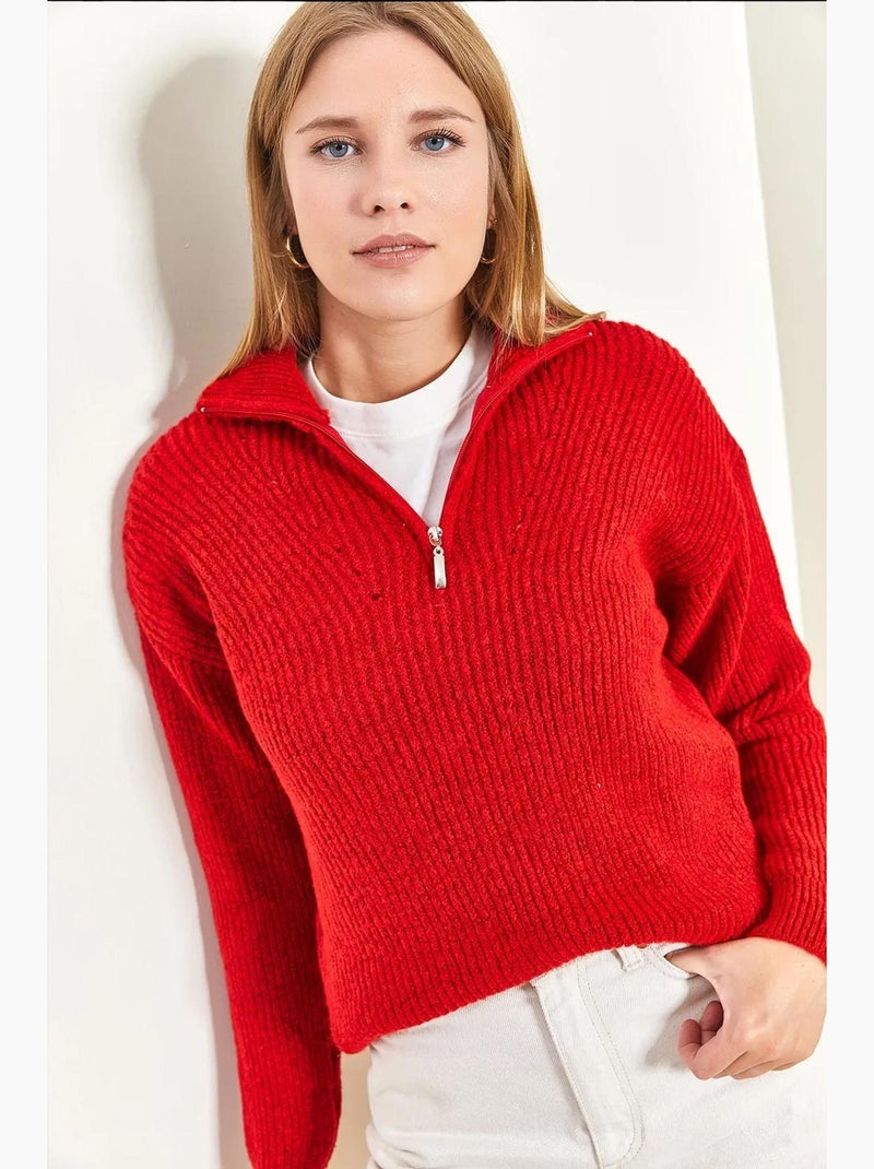 Oversized trui van getextureerd breisel met ritskraag lucci Rood - Kiabi