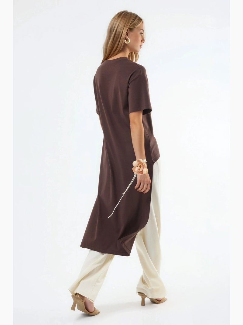 Oversized tuniek met ronde hals en split busem Bruin - Kiabi