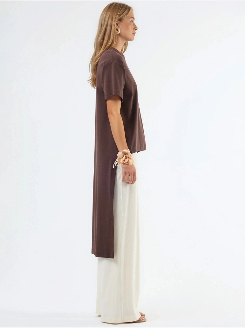 Oversized tuniek met ronde hals en split busem Bruin - Kiabi