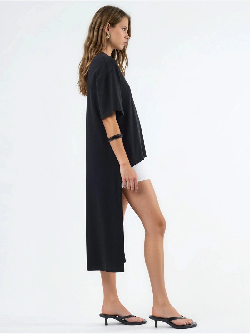 Oversized tuniek met ronde hals en split busem Zwart - Kiabi