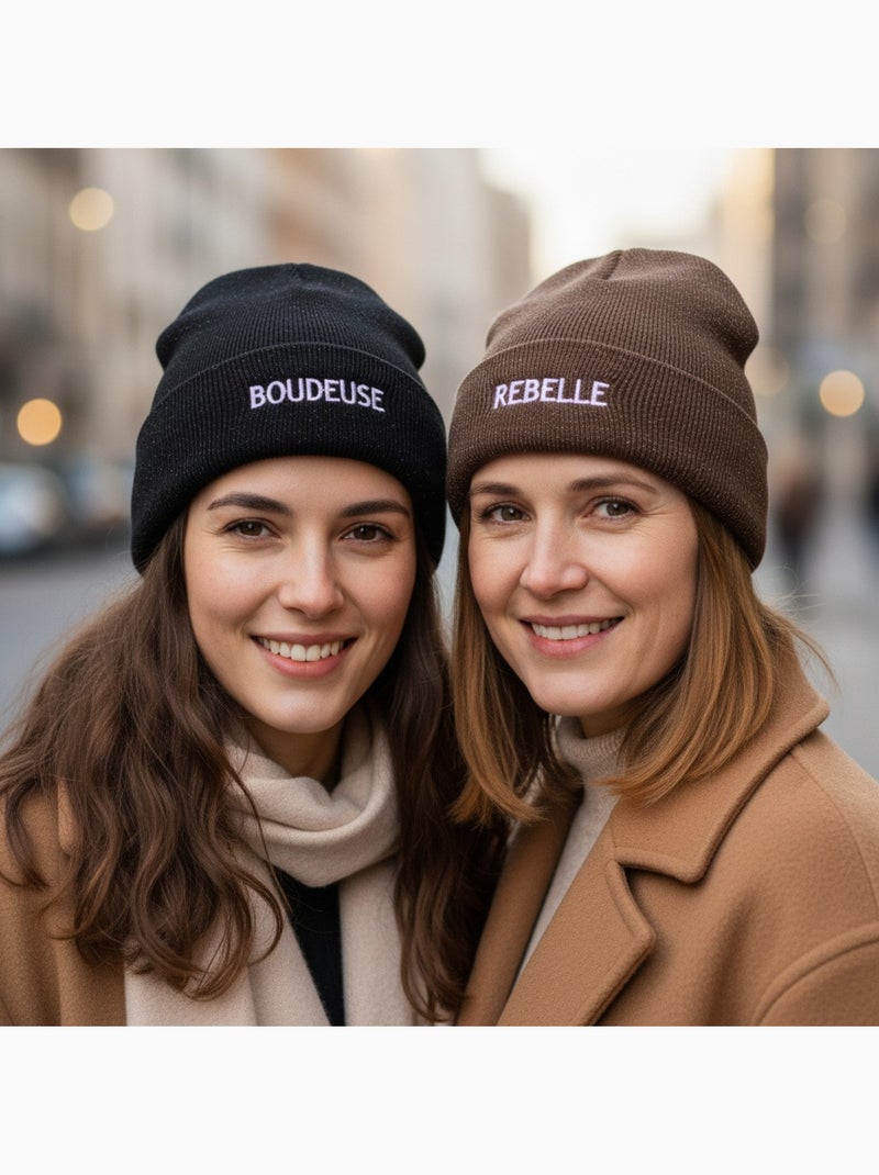Ozabi bonnets femme fil lurex pailleté message brodé - pack de 2 (lot) Noir Marron - Kiabi