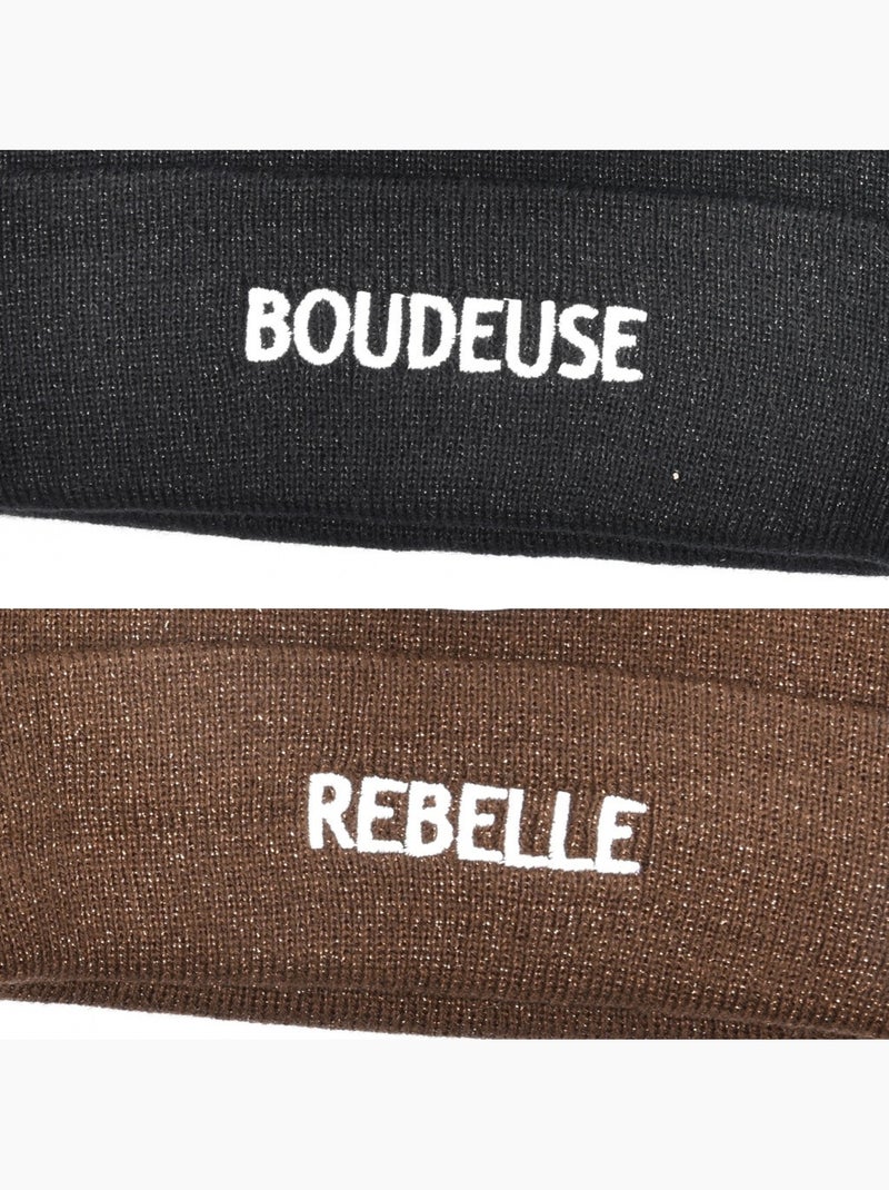 Ozabi bonnets femme fil lurex pailleté message brodé - pack de 2 (lot) Noir Marron - Kiabi