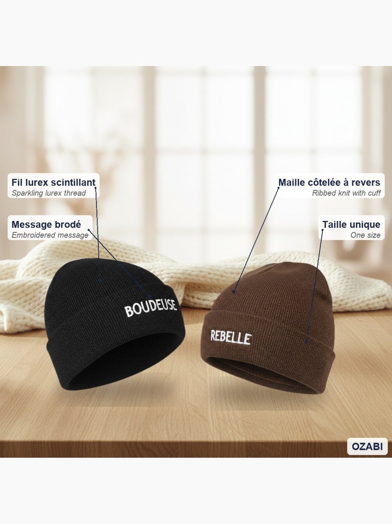 Ozabi bonnets femme fil lurex pailleté message brodé - pack de 2 (lot) Noir Marron - Kiabi