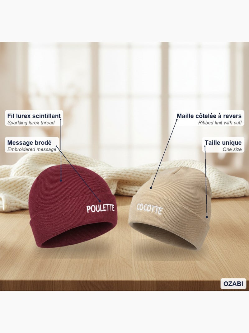 Ozabi bonnets femme fil lurex pailleté message brodé - pack de 2 (lot) Rouge bordeaux - Kiabi