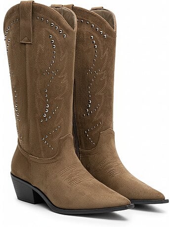 Ozabi bottes santiag femme haute tige suédine cloutée talon bloc 4 cm