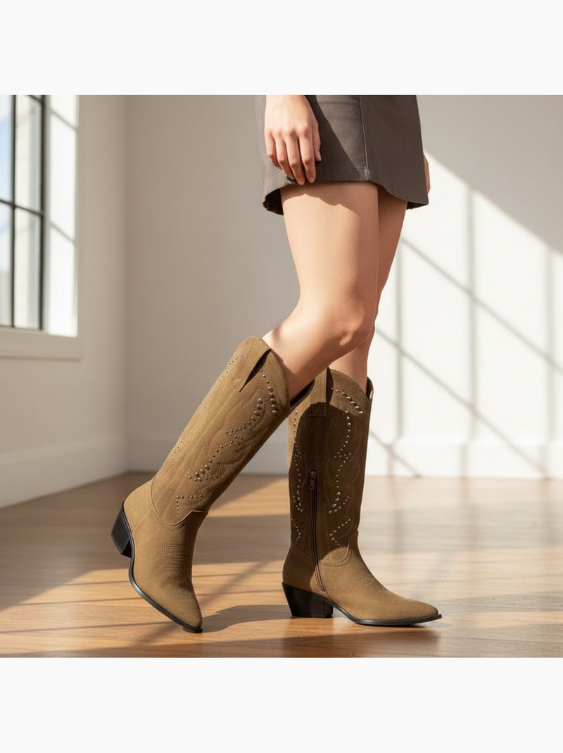 Ozabi bottes santiag femme haute tige suédine cloutée talon bloc 4 cm Marron caramel - Kiabi