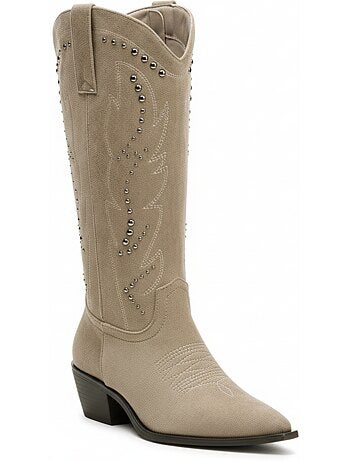 Ozabi bottes santiag femme haute tige suédine cloutée talon bloc 4 cm