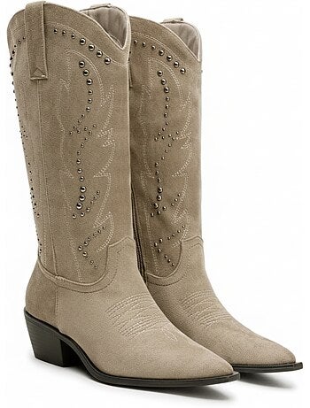 Ozabi bottes santiag femme haute tige suédine cloutée talon bloc 4 cm