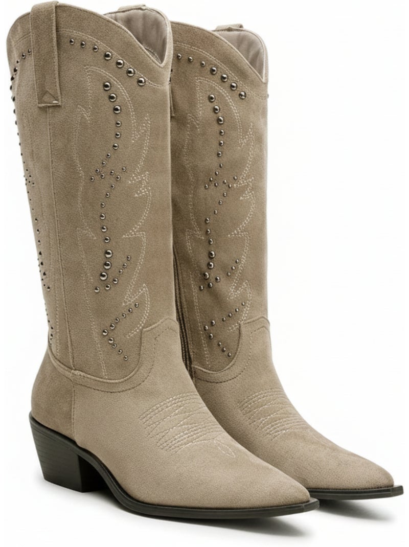 Ozabi bottes santiag femme haute tige suédine cloutée talon bloc 4 cm Taupe - Kiabi