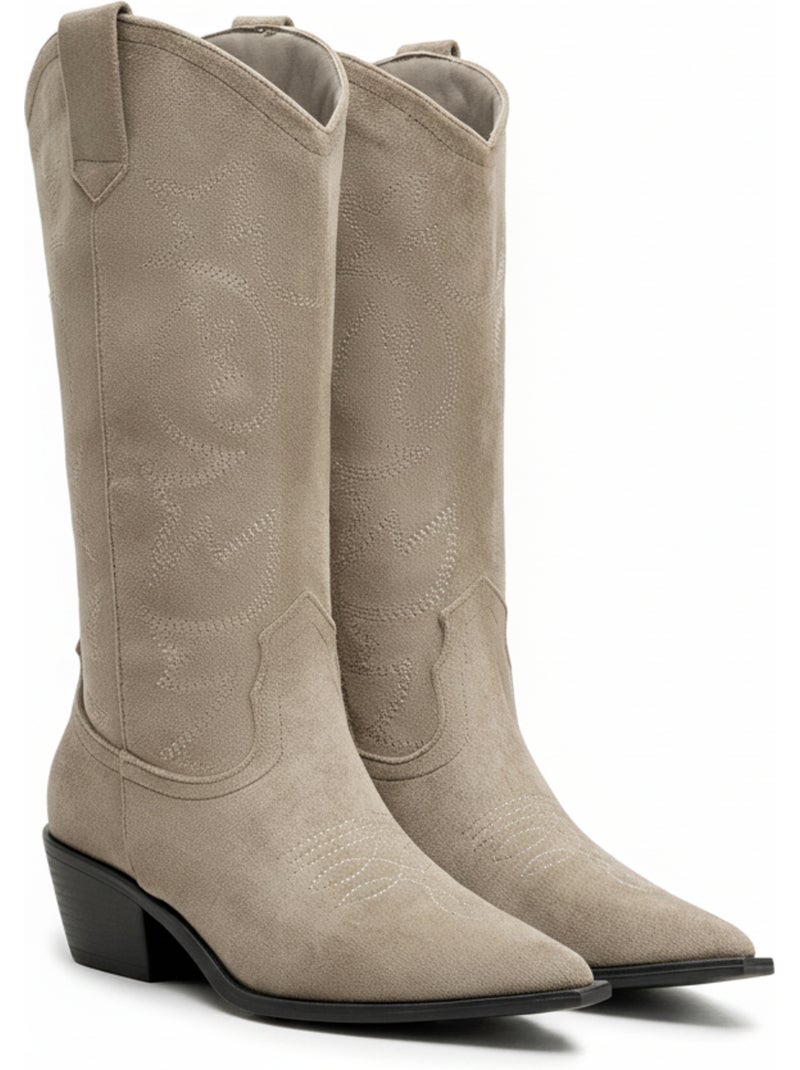 Ozabi bottes santiag femme haute tige suédine talon bloc 4 cm bout pointu Taupe - Kiabi