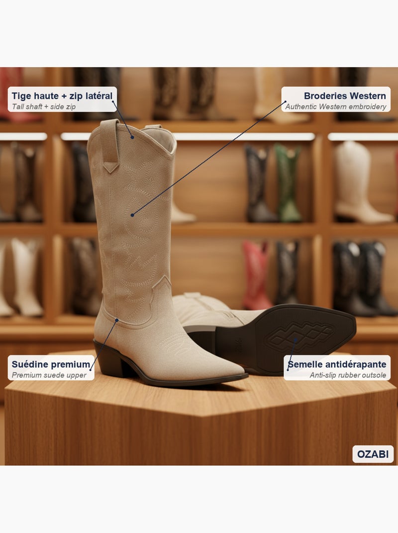 Ozabi bottes santiag femme haute tige suédine talon bloc 4 cm bout pointu Taupe - Kiabi