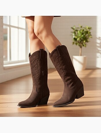 Ozabi bottes santiag femme haute tige suédine talon bloc 6 cm bout pointu