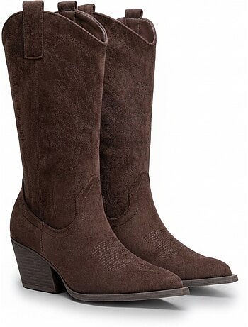 Ozabi bottes santiag femme haute tige suédine talon bloc 6 cm bout pointu