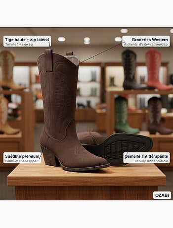 Ozabi bottes santiag femme haute tige suédine talon bloc 6 cm bout pointu