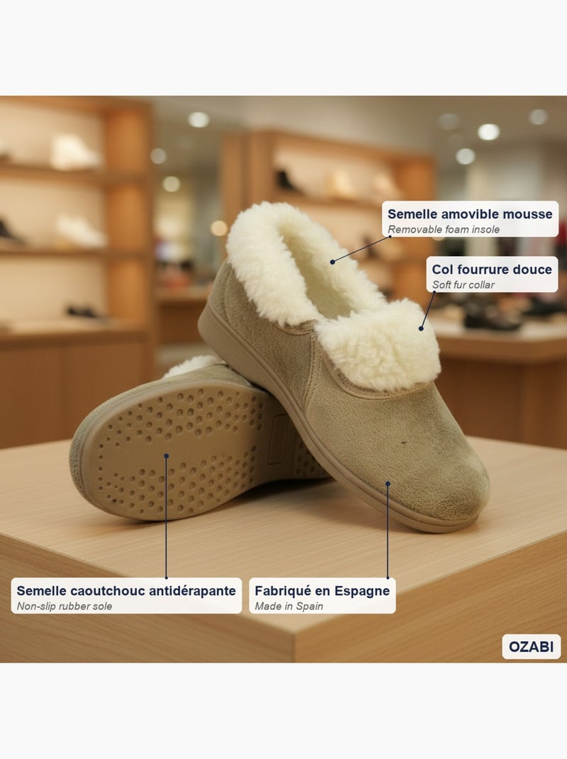 Ozabi charentaises femme fabriquées en espagne, col fourrure, semelle amovible Beige - Kiabi