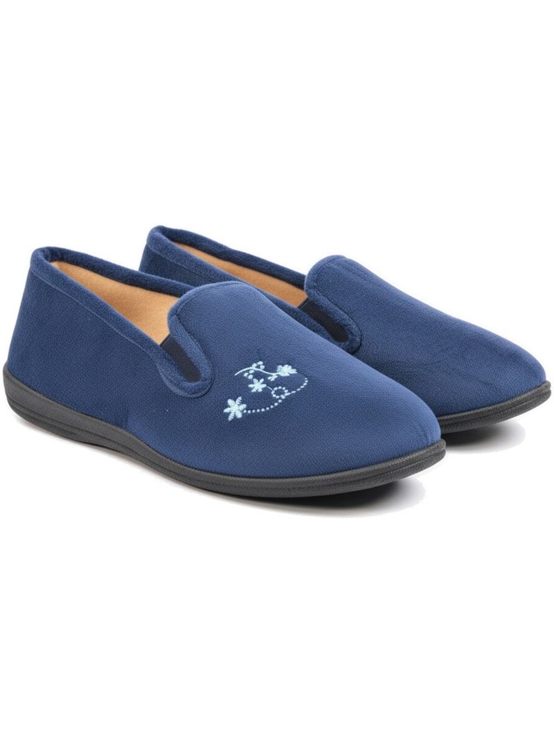 Ozabi charentaises femme, feutrine brodée fleurs, élastiques de maintien Bleu marine - Kiabi