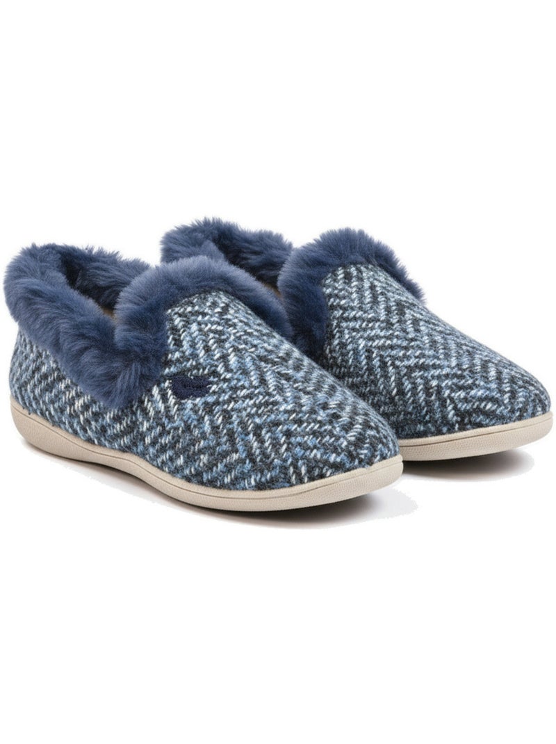Ozabi charentaises femme fourrées fantaisie brodée, col fausse fourrure Bleu marine - Kiabi