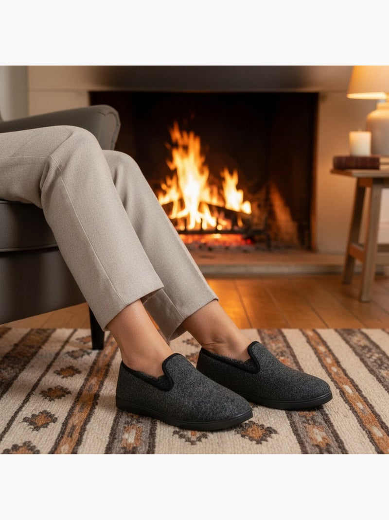 Ozabi charentaises femme hiver, feutrine chinée, fourrée, semelle amovible Bleu anthracite - Kiabi