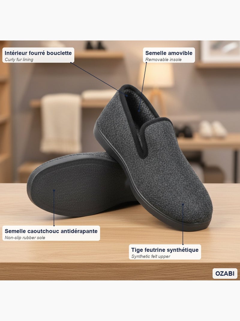 Ozabi charentaises femme hiver, feutrine chinée, fourrée, semelle amovible Bleu anthracite - Kiabi