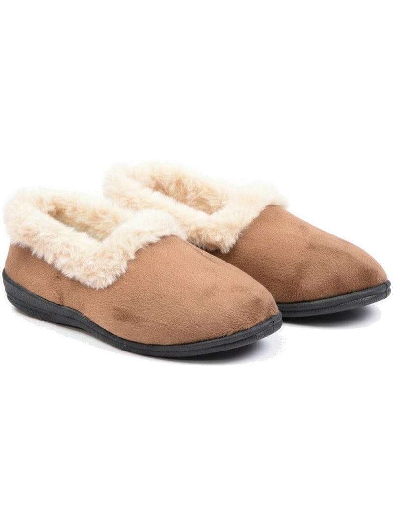 Ozabi charentaises femme hiver, feutrine unie, col fausse fourrure, fourrées Marron - Kiabi