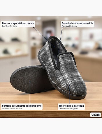 Ozabi charentaises homme antidérapante fourrées à carreaux, semelle amovible