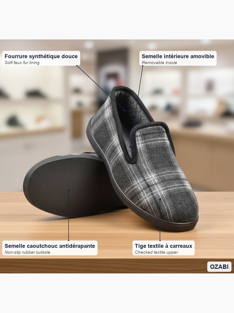 Ozabi charentaises homme antidérapante fourrées à carreaux, semelle amovible Bleu anthracite - Kiabi