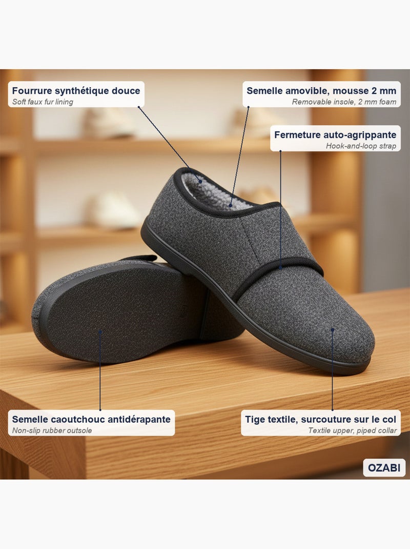 Ozabi charentaises homme fourrées, bande auto-agrippante, semelle antidérapante Bleu anthracite - Kiabi