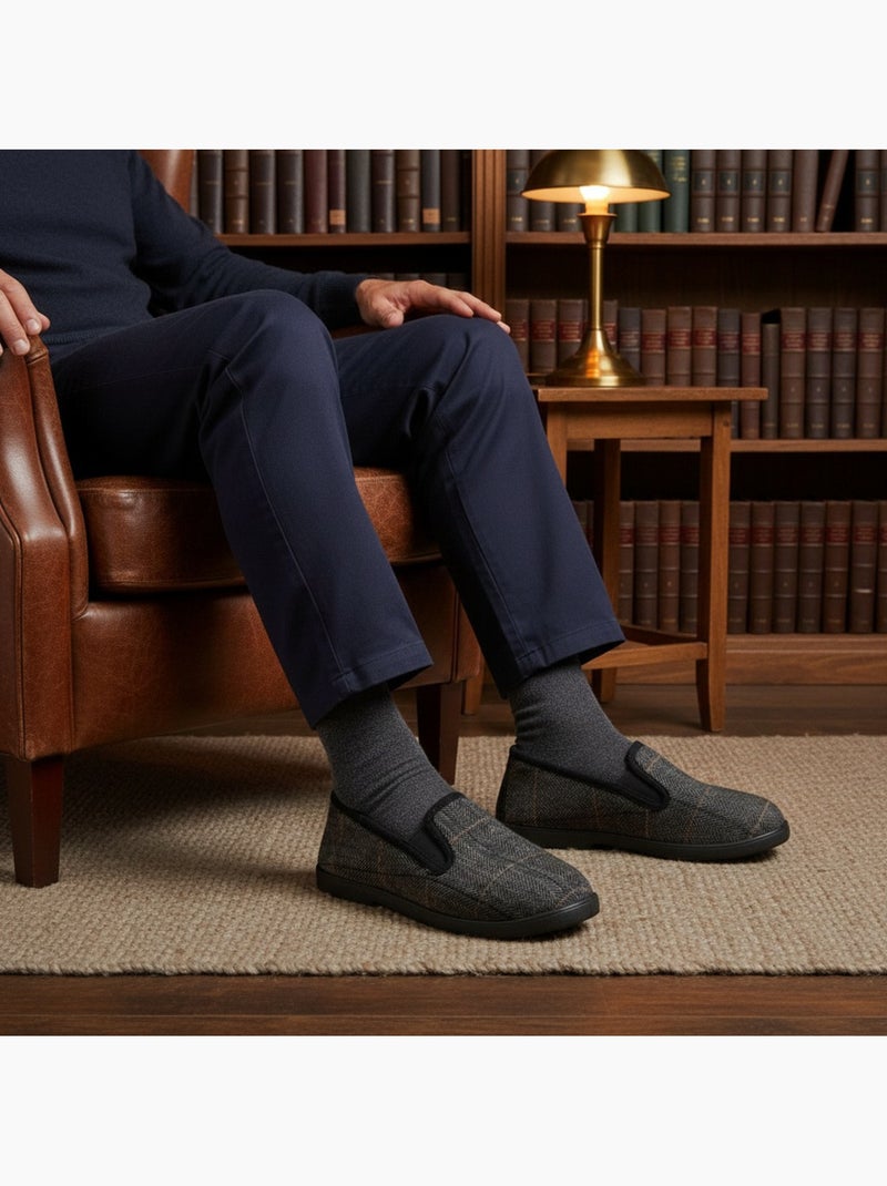 Ozabi charentaises homme fourrées carreaux et chevrons, semelle antidérapante Bleu anthracite - Kiabi