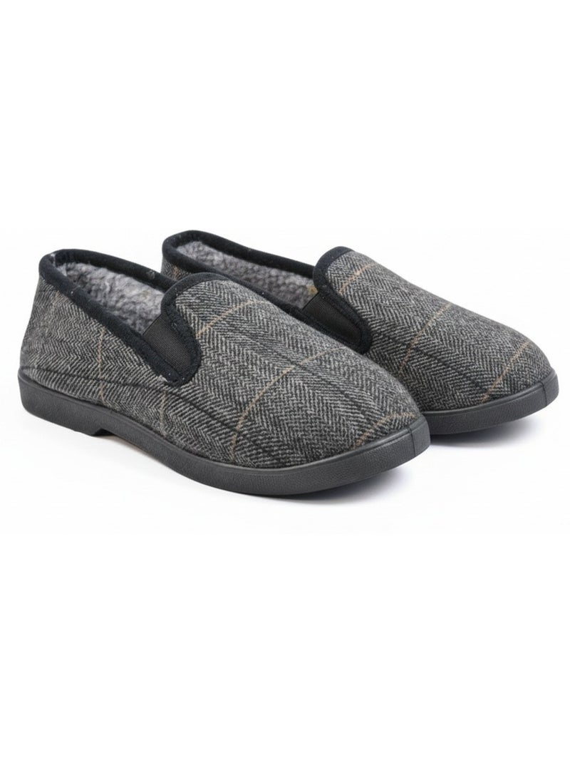 Ozabi charentaises homme fourrées carreaux et chevrons, semelle antidérapante Bleu anthracite - Kiabi