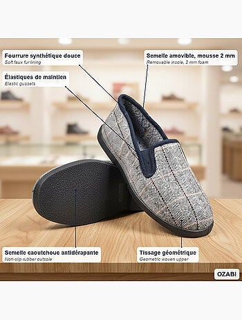 Ozabi charentaises homme fourrées carreaux et chevrons, semelle antidérapante