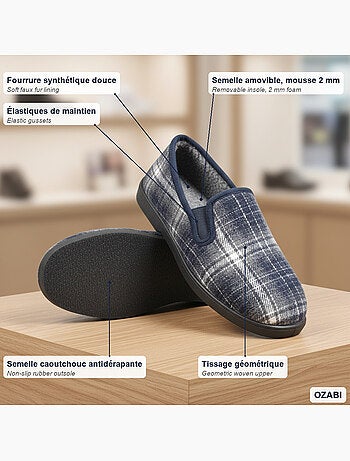 Ozabi charentaises homme fourrées carreaux et chevrons, semelle antidérapante