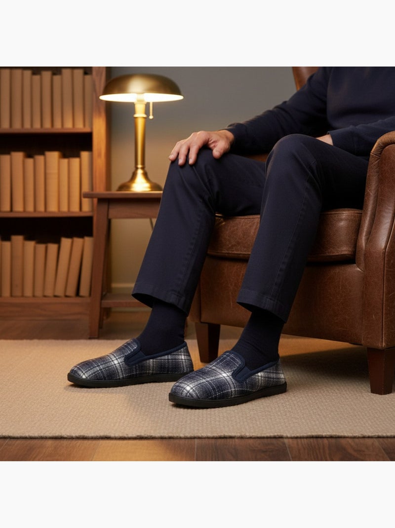 Ozabi charentaises homme fourrées carreaux et chevrons, semelle antidérapante Bleu marine - Kiabi