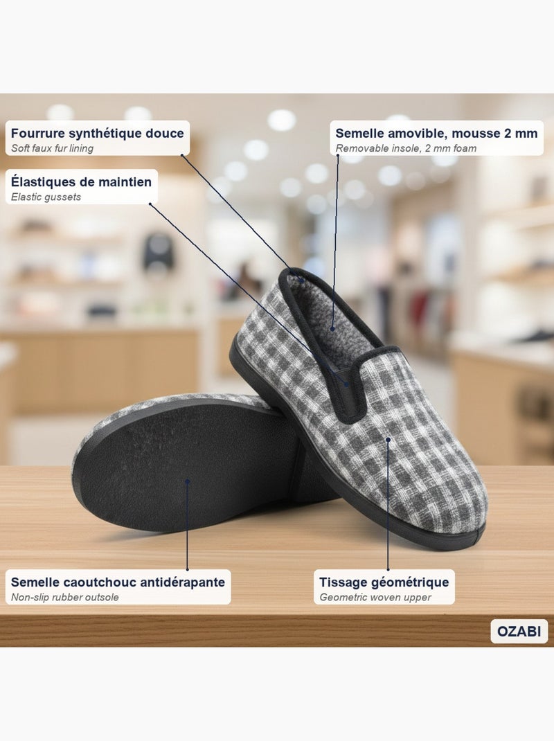 Ozabi charentaises homme fourrées carreaux et chevrons, semelle antidérapante Gris clair - Kiabi