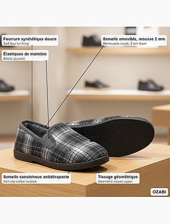 Ozabi charentaises homme fourrées carreaux et chevrons, semelle antidérapante