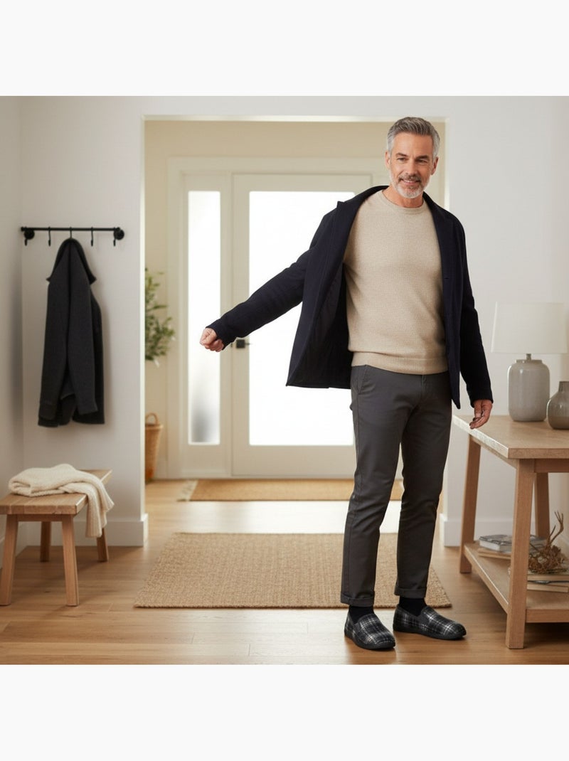 Ozabi charentaises homme fourrées carreaux et chevrons, semelle antidérapante Gris - Kiabi