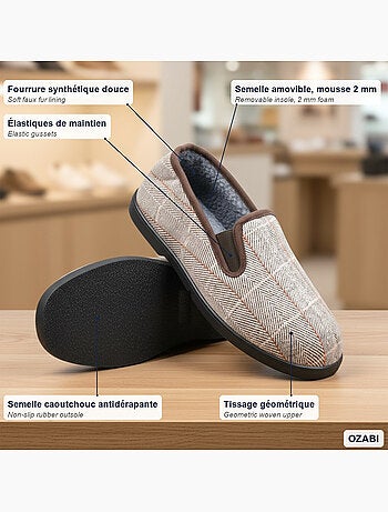 Ozabi charentaises homme fourrées carreaux et chevrons, semelle antidérapante