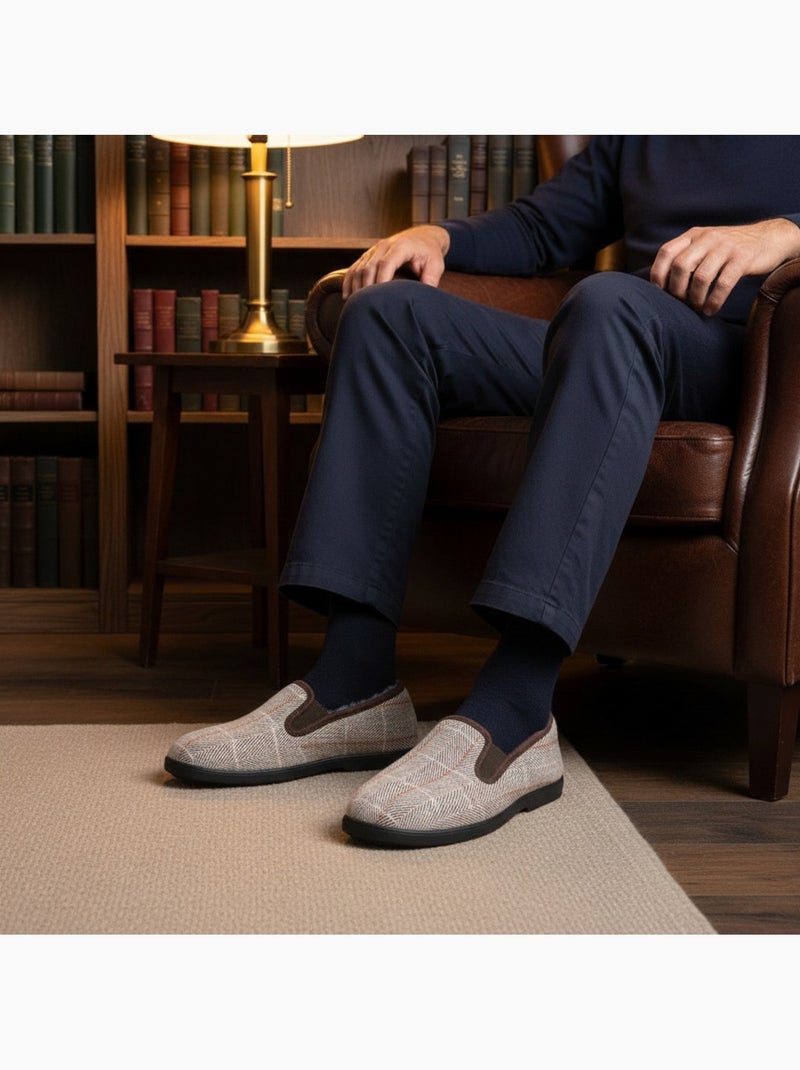Ozabi charentaises homme fourrées carreaux et chevrons, semelle antidérapante Marron clair - Kiabi