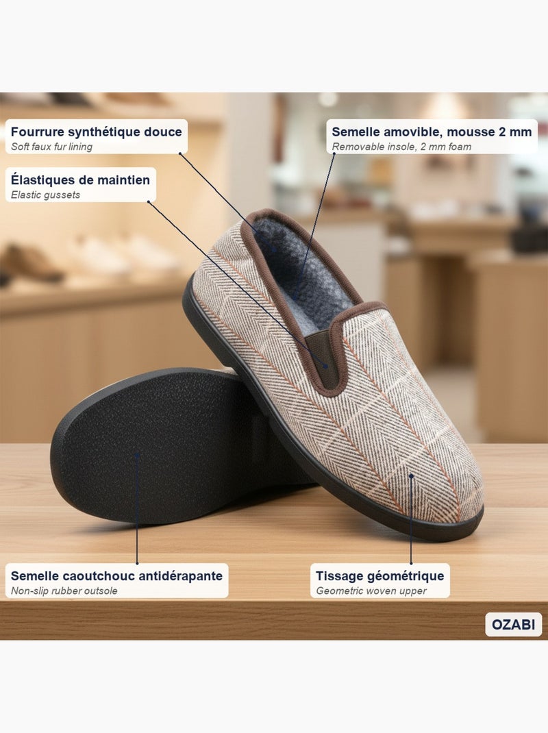 Ozabi charentaises homme fourrées carreaux et chevrons, semelle antidérapante Marron clair - Kiabi