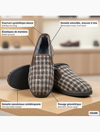 Ozabi charentaises homme fourrées carreaux et chevrons, semelle antidérapante