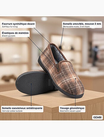 Ozabi charentaises homme fourrées carreaux et chevrons, semelle antidérapante